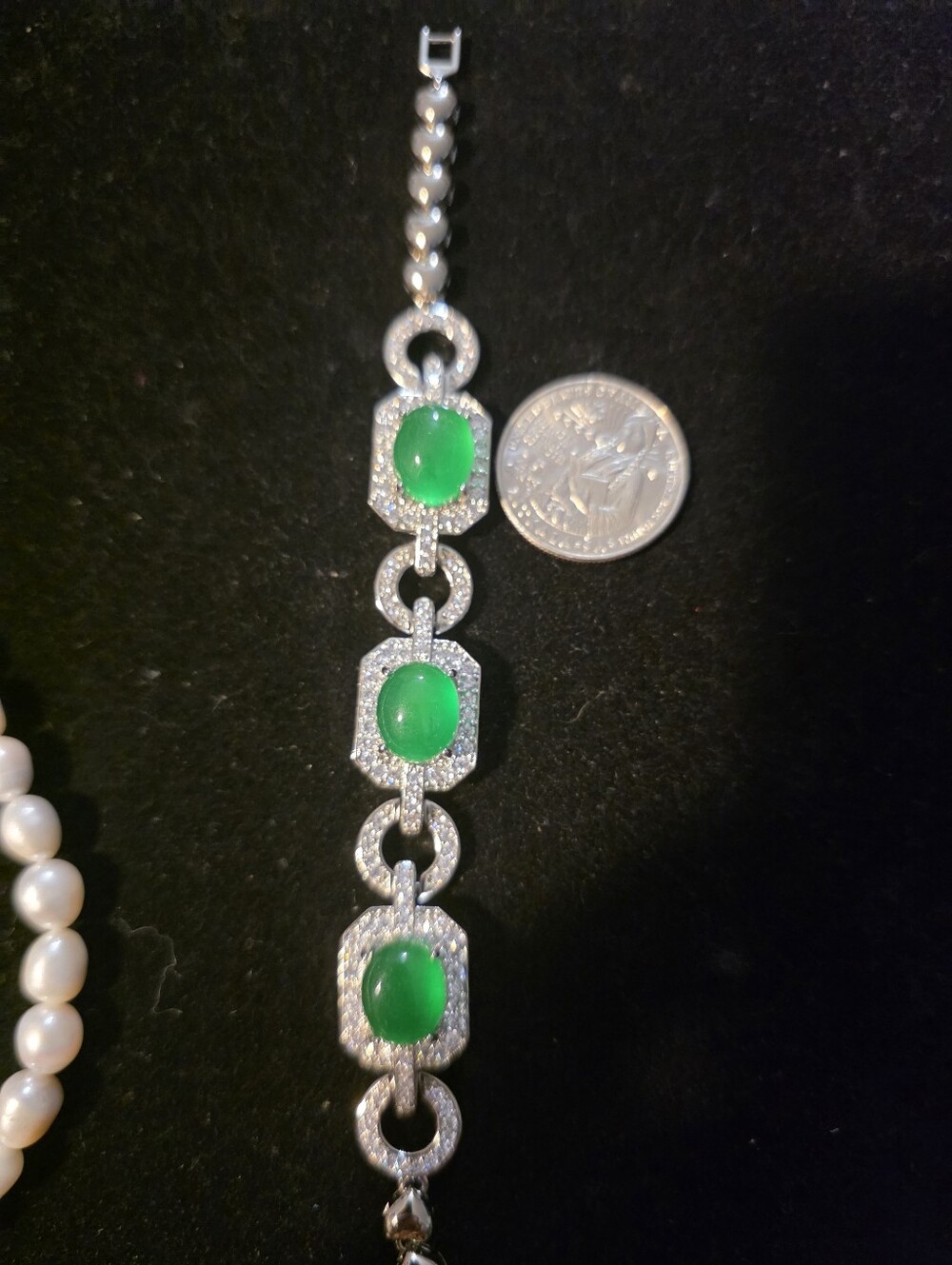 Green Jade and Silver-Tone Link Bracelet